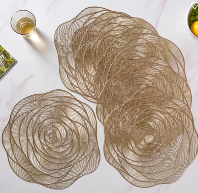 Rose flower Gold Placemats set of 2pcs, heat proof, washable tablemats