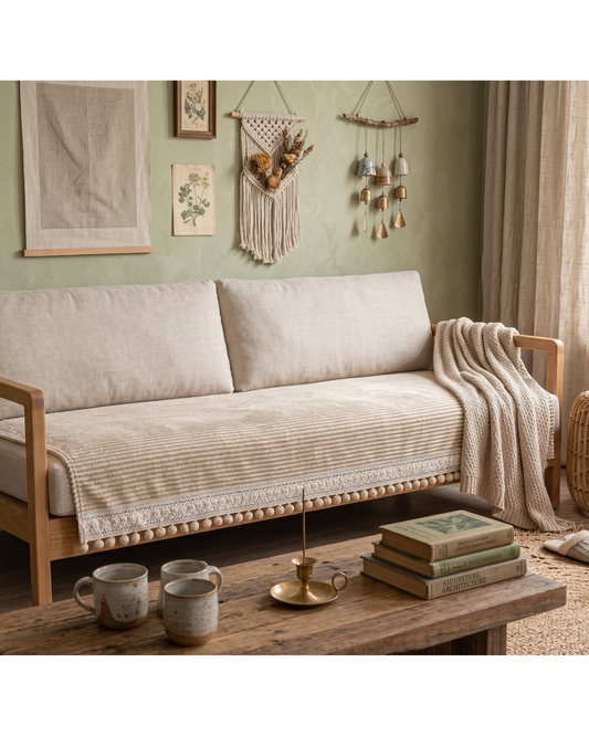 Beige anti-slip sofa cover with pom pom tassel border