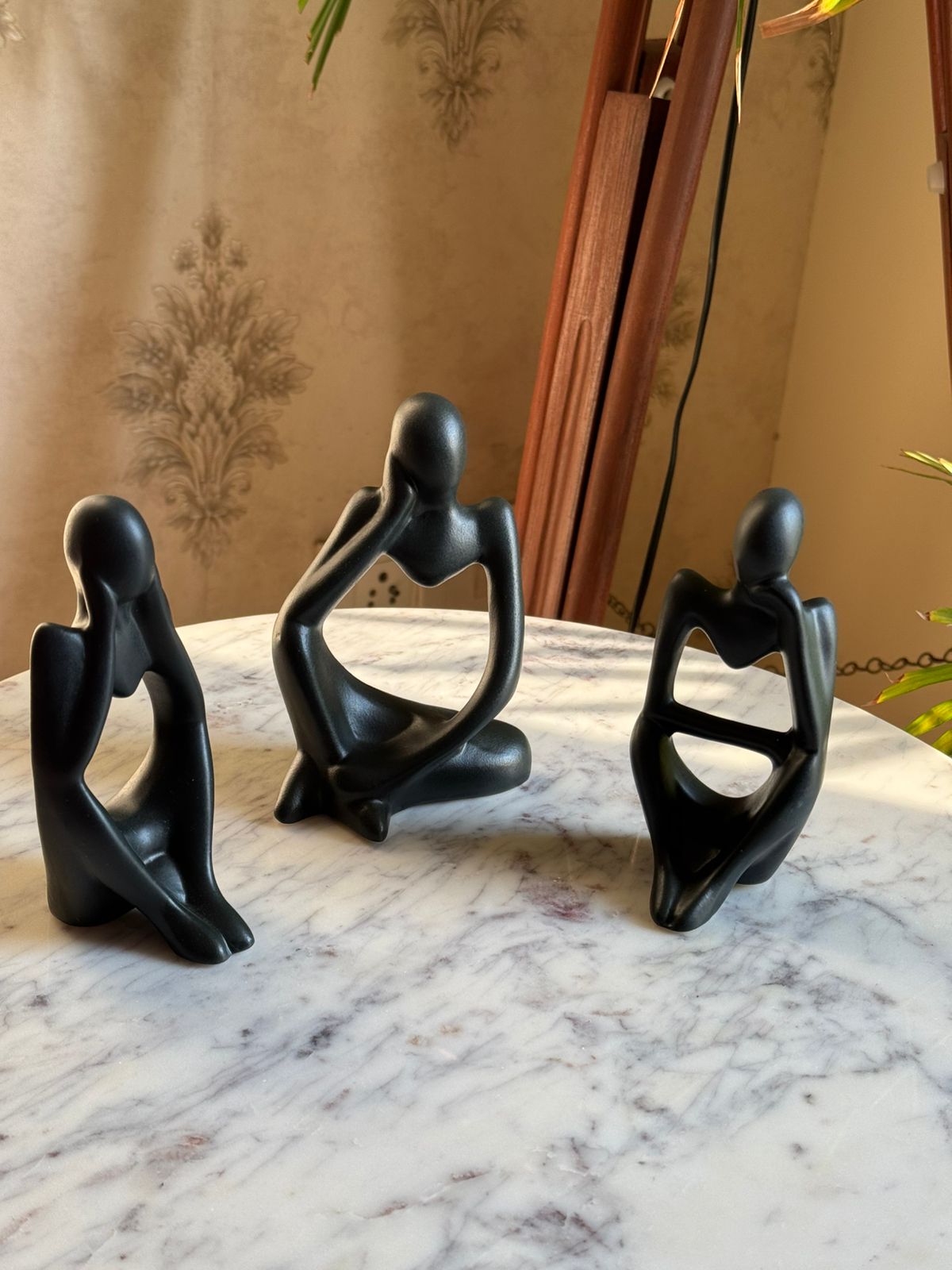 Modern Thinker Figurine Set – 3 Piece Black Resin Sculpture Décor