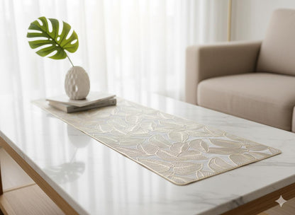 Leaf Design Table Runner & Wooden Dough Bowl Candle