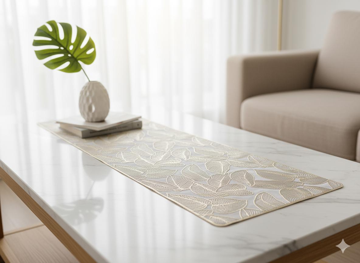 Leaf Design Table Runner & Wooden Dough Bowl Candle