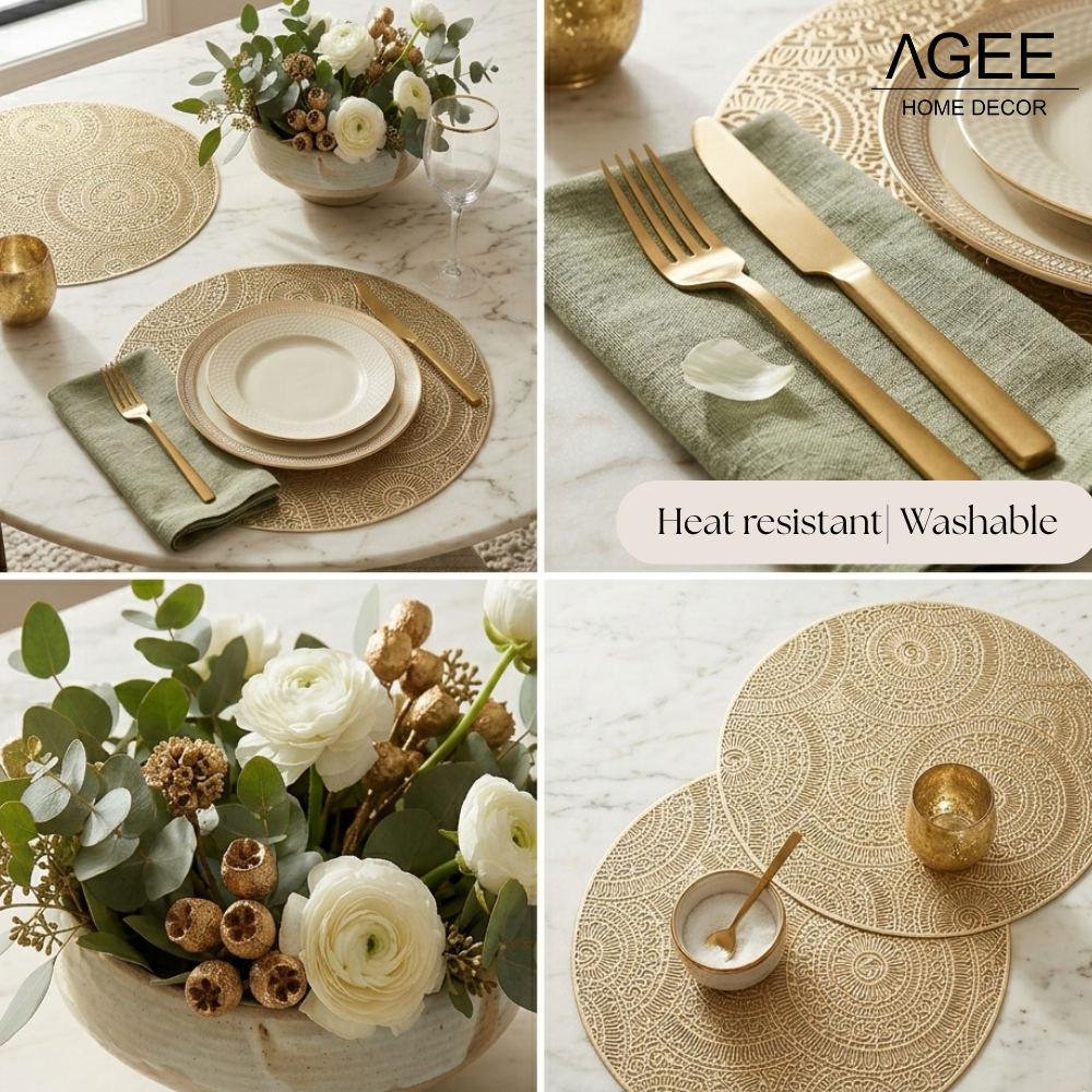 Collage of table setting with gold placemats, cutlery, and floral arrangements on a marble surface.